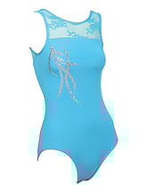 Sleeveless Gymnastics Leotard with lace top in turquoise blue with silver pattern 