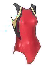 Sleeveless Gymnastics Leotard in red black and gold with wave pattern