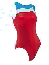 Sleeveless Gymnastics Leotard in blue white and red with line pattern