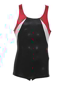 Men's and Boys Unitards Gymnastics in Black with the Shoulder straps in Red and sides in White