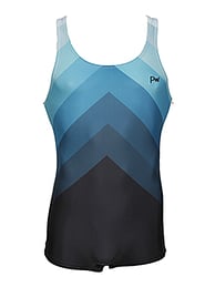 Men's and Boys Unitards Gymnastics in Blue with different shades of Blue in triangle arrow shape upwards and details