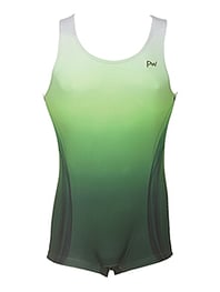 Men's and Boys Unitards Gymnastics in Green with bottom sides in Black curve stripes and top neck and shoulder fade in White