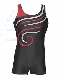 Men's and Boys Unitards Gymnastics in Royal Blue with the right shoulder strap in Red and a slight curl wind Koru in Red and White