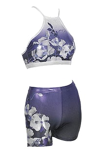 Spaghetti Strap 2 piece Set Gymnastics with faded colours of Purple and White the croptop is White outlined with flowers on and Hotpants Purple Clematis