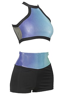 2 Piece Set Gymnastics Croptop round neck with Black outline and Aqua Breeze neck with the Hotpants waist in Aqua Breeze with Black 