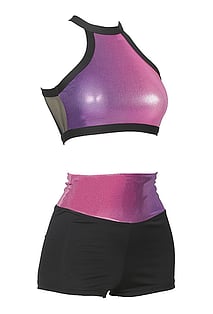 2 Piece Set Gymnastics Croptop round neck with Black outline and Fuschia  neck with the Hotpants waist in Fuschia with Black 