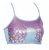 Spaghetti Strap Croptop Singlet Gymnastics with a Unicorn and Stars sprinkles in blue and yellow and background in Purple
