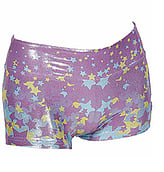 Gymnastics Hotpants with Unicorn sprinkles of Stars in Blue and Yellow with Purple background