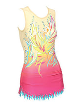 Rhythmic, Ice Skating or Roller blading Leotard dress in Cream with Maple tree design in Fluro with silver sequin details