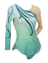 Rhythmic, Ice Skating or Roller blading Long Sleeve Leotard dress in Avocado with curls and silver sequin details with the left sleeve in Cream