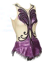Rhythmic, Ice Skating or Roller blading Leotard Dress in Violet with curl swirls in Black and Cream background with Silver sequin and details