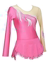 Rhythmic, Ice Skating or Roller blading Long Sleeve Leotard dress in Pink with curls and silver sequin details with the left sleeve in Cream