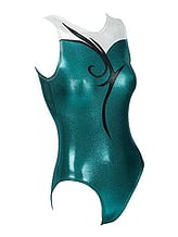 Sleeveless Gymnastics Leotard with colour fade in Jade Green Foil Fabric with black spiral pattern on front