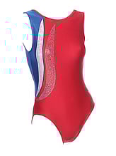 Sleeveless Gymnastics Leotard  in blue and red with silver and white swirl pattern