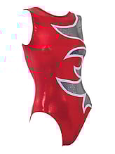 Sleeveless Gymnastics Leotard in red with white and silver flame pattern 
