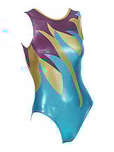 Sleeveless Gymnastics Leotard in purple, yellow and blue with spike pattern 