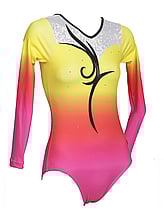 Long Sleeve Gymnastics Leotard with colour fade of Pink/Red/Orange and Yellow with Black spiral in the middle covered with crystals around neck
