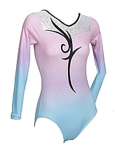 Long Sleeve Gymnastics Leotard with colour fade of blue and Pink with Black spiral in middle with crystals around neck
