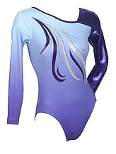 Long Sleeve Gymnastics Leotard with Blueberry and White spirals and Silver sequin spiral with colour fade of Sky Blue and Blueberry