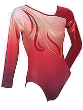 Long Sleeve Gymnastics Leotard with Red and Gold spirals and Silver Sequin spiral with a colour fade of Maroon and Boysenberry