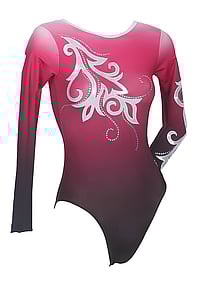 Long Sleeve Gymnastics Leotard with colour faded with Raspberry/ Cherry and Black on leotard with Silver Spiral on Chest and Silver sequin spiral around and on the bottom of left sleeve