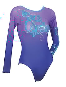 Long Sleeve Gymnastics Leotard with Sapphire Spiral on Chest with Silver sequin spiral around and on the bottom of left sleeve