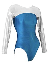 Long sleeve Gymnastics Leotard with Purple Sleeves wrapped round neck and Bottom covered in Blue