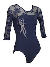 Long sleeve Gymnastics Leotard fully Navy with a Silver sequin spiral on the right top side covered with lace on sleeves and upper neck