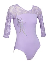 Long sleeve Gymnastics Leotard fully Lavender with a Silver sequin spiral on the right top side covered with lace on sleeves and upper neck