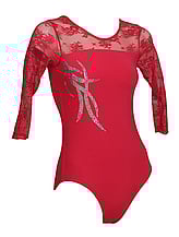 Long sleeve Gymnastics Leotard fully Rosebud Red with a Silver sequin spiral on the right top side covered with lace on sleeves and upper neck Red