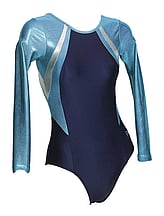 Long sleeve Gymnastics Leotard with Teal Green with Dark Grey lines on both left and right side of chest and font leotard full Navy