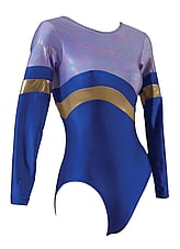 Long sleeve Gymnastics Leotard with half the sleeves and leotard in Blue and Gold curve across with the top in Silver