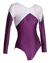Long sleeve Gymnastics Leotard with Purple sleeves and White outlined with top shoulder and chest in Silver and bottom fully Purple