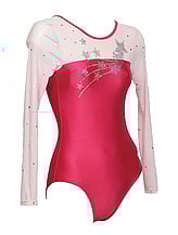 Long sleeve Gymnastics Leotard with full on White sleeve right round to the Top neck with a Red outlined bottom half Red with Silver Sequins Stars