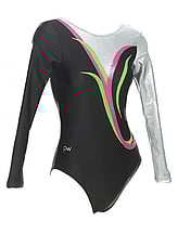 Long sleeve Gymnastics Leotard with Black, Green and Pink straight and slight curl with the right sleeve Black and left sleeve Mesh