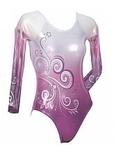 Long sleeve Gymnastics leotard with curl spirals on sleeves and faded colours of Raspberry and white