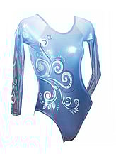 Long sleeve Gymnastics leotard with curl spirals on sleeves and faded colours of Blue and white mixed Sapphire