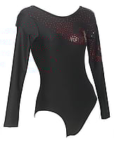 Long sleeve Gymnastics Leotard with Black mesh sleeves and neck with Red sequin dots decorated above chest and bottom plain Black