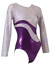Long sleeve Gymnastics Leotard with Silver on sleeves and wrapped around neck and chest with a slight curve on leotard and the bottom half in Purple