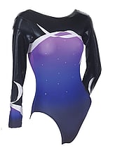 Long sleeve Gymnastics Leotard with Black on sleeves and around neck with Purple Indigo on bottom and White curve drawn on top chest and sleeves