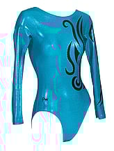 Long sleeve Gymnastics Leotard with Black curls on left side of leotard and full Turquoise
