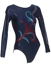 Long sleeve Gymnastics Leotard with a scoop neck in Black and Red, Turquoise and Silver drawn plant