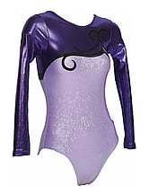 Long sleeve Gymnastics Leotard with Purple sleeves up to neck and bottom in Sapphire and on the chest is a Black Curls