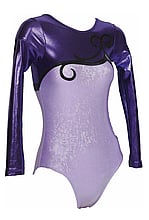 Long sleeve Gymnastics Leotard with Purple sleeves up to neck and bottom in Sapphire and on the chest is a Black Curls 