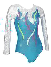 Long sleeve Gymnastics Leotard with the sleeves in Silver with leotard in Turquoise with Pink and Green curls