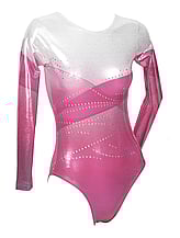 Long sleeve Gymnastics Leotard with faded colours of Pink and Raspberry mixed on Top Chest covered in White with Silver sequins in zigzag Raspberry
