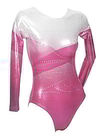 Long sleeve Gymnastics Leotard with faded colours of Pink and Raspberry mixed on Top Chest covered in White with Silver sequins in zigzag Raspberry