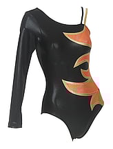 Long sleeve right Gymnastics leotard with two left Spaghetti straps Black and Gold with an Orange flame on side outlined with Gold