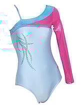 Spaghetti right strap Gymnastics Leotard with the left long sleeve in Pink with Turquoise and White with Silver sequin curls