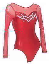 Long sleeve Gymnastics Leotard fully Red with Sleeves and Neck in Mesh and below on chest with Silver curls curve and Sequin dots